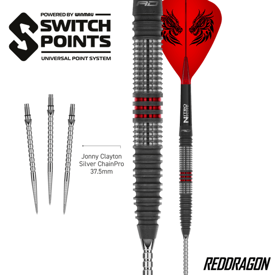 Abgebildet sind Red Dragon Jonny Clayton Hireath Switch Point Steeldarts. Diese Darts überzeugen durch ihre spezielle Form und hohe Qualität.