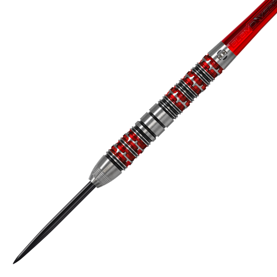 Ocelové šipky Harrow's Damon Heta Series 3 Das Bild zeigt einen Harrows Damon Heta Series 3 Steeldart. Der Dartpfeil hat ein silbernes Barrel mit roten und schwarzen Akzenten.