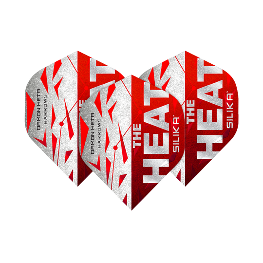 Lety Harrow's Silika Damon Heta Series 3 Das Bild zeigt drei Dart-Flights der Serie "Harrows Silika Damon Heta Series 3". Die Flights sind in Rot, Weiß und Silber gestaltet und tragen die Aufschrift "THE HEAT" sowie "SILIKA".