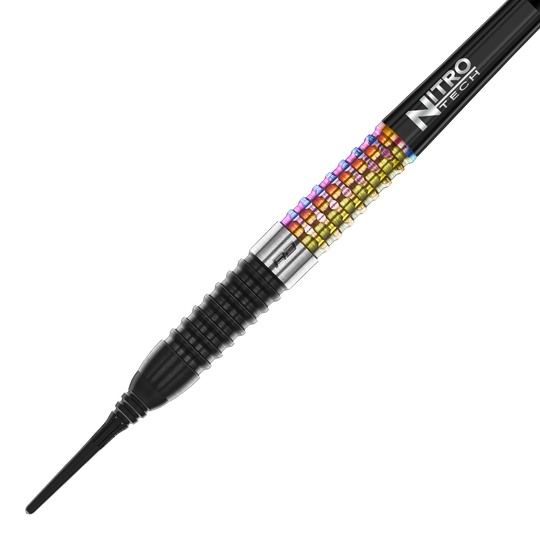 Das Bild zeigt einen Red Dragon Peter Wright Corra Softdart mit 18g Gewicht. Der Dart hat ein farbiges, geriffeltes Griffstück und eine schwarze Spitze.