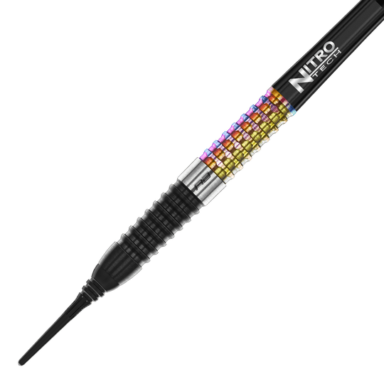 Šipky Red Dragon Peter Wright Corra Soft - 18g Das Bild zeigt einen Red Dragon Peter Wright Corra Softdart mit 18g Gewicht. Der Dart hat ein farbiges, geriffeltes Griffstück und eine schwarze Spitze.