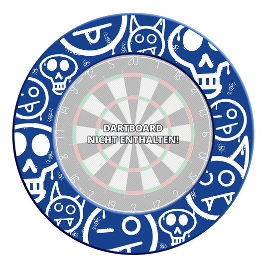 McDart Graffiti Emojis Dartboard Surround Das Bild zeigt das Dartboard-Surround mit blauen Graffiti-Smilies aus einer anderen Perspektive. Die Bilddatei ist 'MSF-A3_McDart_Graffiti_Smilies_Dartboard_Surround_Blau_3'.