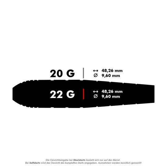 Šipky Red Dragon Luke Humphries World Champion Brass Steel Das Bild zeigt zwei Gewichtsvarianten von Darts: 20 Gramm und 22 Gramm. Beide Varianten haben eine Länge von 48,26 mm und einen Durchmesser von 9,60 mm.