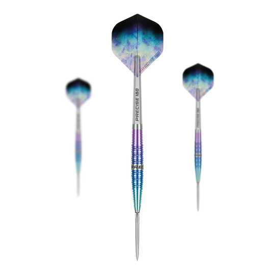 Přesné ocelové šipky Northern Lights 180 Die Precise 180 Northern Lights Steeldarts sind als Set dargestellt. Mehrere Dartpfeile sind gemeinsam angeordnet.