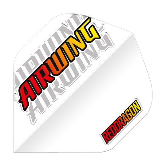 Standardní lety Red Dragon Airwing s červeným logem Dieses Bild zeigt ein weißes Dartflügel-Produkt mit der Aufschrift „AIRWING“ in Rot, Orange und Gelb. In der unteren rechten Ecke steht das Logo „REDDRAGON“ ebenfalls in Rot und Gelb.