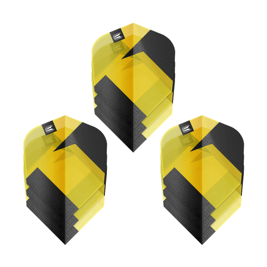 Target Pro Ultra TAG Yellow Ten-X Standard Flights - 3 sady Das Bild zeigt drei gelb-schwarze Dart-Flights des Produkts "Target Pro Ultra TAG Gelb Ten-X Standard Flights". Die Flights haben ein modernes, geometrisches Design und werden als 3er-Set angeboten.