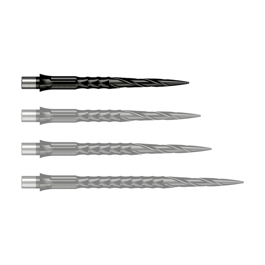 Ocelové hroty na šipky Caliburn System - Spiro - Bez rtu - Černé Das Foto zeigt Caliburn Evo System Steeldartspitzen Spiro NoLip Black in 28 mm Länge. Diese Dartspitzen sind in Schwarz gehalten und besonders langlebig.