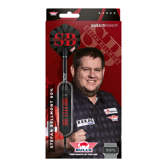 Die Bulls NL Stefan Bellmont 90 Softdarts - 20g sind abgebildet. Es handelt sich um hochwertige Softdarts für anspruchsvolle Spieler.