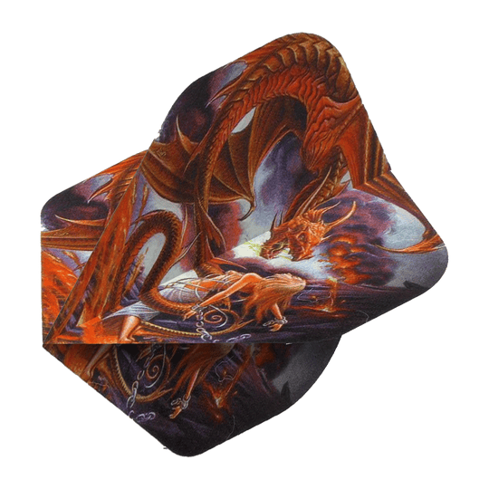 Alchemy Forge Of Vesuv No2 Standard Flights Das Bild zeigt die Alchemy Forge Of Vesuvius No2 Standard Flights mit einem auffälligen Drachenmotiv. Die Flights sind farbenfroh gestaltet und ideal für Dartpfeile geeignet.