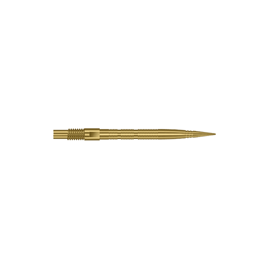 Das Bild zeigt goldene MicroRidge Dartspitzen in 26 mm Länge. Die Dartspitzen gehören wahrscheinlich zur Quick Point Serie von Harrows.