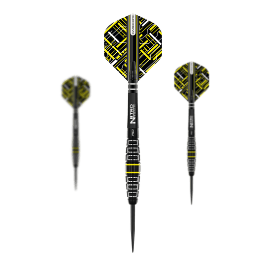 Šipky Red Dragon Astraeus Q4X Torpedo Steel Das Bild zeigt drei Steeldarts des Modells "Red Dragon Astraeus Q4X Torpedo". Die Darts sind schwarz mit gelben Akzenten und haben auffällig gemusterte Flights.