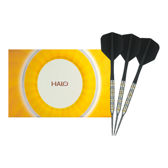 Gezeigt wird ein vollständiges Set der Caliburn Halo H1 Steeldarts - 22,5 g. Die hochwertigen Pfeile sind ideal für den Dartsport.