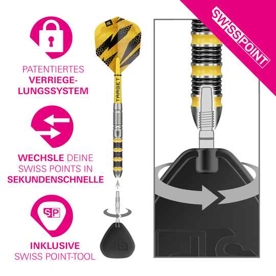 Ocelové šipky Target Buzz 01 Swiss Points Zu sehen sind Target Buzz 01 Swiss Points Steeldarts. Diese Steeldarts sind ideal für den Dartsport geeignet.