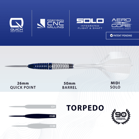 Abgebildet sind die Harrows GEO Torpedo Quick Point Steeldarts. Die Darts haben eine spezielle Torpedo-Form.