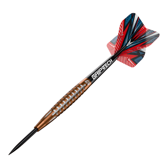 Šipky GOAT Quarterback V1 z wolframové oceli Das Bild zeigt einen GOAT Quarterback V1 Tungsten Steeldart. Der Dartpfeil hat ein auffälliges Design mit einer rot-blauen Flight und einem goldenen Griff mit silbernen Rillen.
