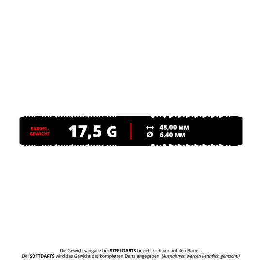 Das Bild zeigt die Produktspezifikationen der Target Japan Black Marque Reyn GEN2 Softdarts mit einem Gewicht von 17,5 Gramm. Die Barrel-Länge beträgt 48,00 mm und der Durchmesser 6,40 mm.