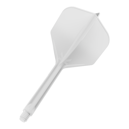 Das Bild zeigt einen weißen Dart-Flightschaft mit integriertem Flight. Er hat ein einfaches, transparentes Design und ein Schraubgewinde am Ende.