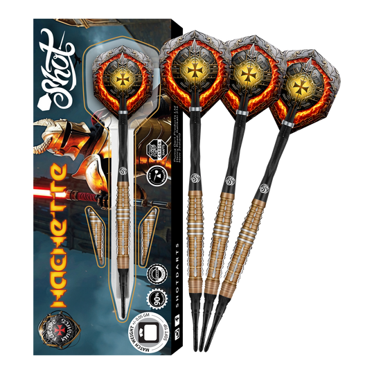 Das Bild zeigt das Produkt "Shot Future Knights Hachette Softdarts - 20g" mit drei dekorativen Softdarts und der passenden Verpackung. Die Darts haben ein auffälliges Design mit goldenen und schwarzen Details sowie mittelalterlichen Motiven.