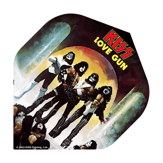 Mission Kiss Love Gun No2 Standardní lety Das Bild zeigt ein Dart-Flügel mit dem Motiv des KISS-Albums „Love Gun“. Darauf sind die Bandmitglieder in ihren charakteristischen Kostümen abgebildet, und oben steht der Schriftzug „KISS LOVE GUN“.