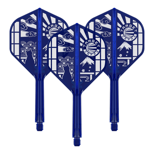 Das Bild zeigt ein Set vom Target Japan K-Flex Blue Limited No2 Flights 26mm. Es handelt sich um blaue Dartflights in einem Set.