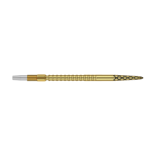 Dies ist eine goldfarbene Dartspitze mit einem strukturierten Griffbereich. Am vorderen Ende ist die Spitze silberfarben und am hinteren Ende befinden sich schwarze Rillen.