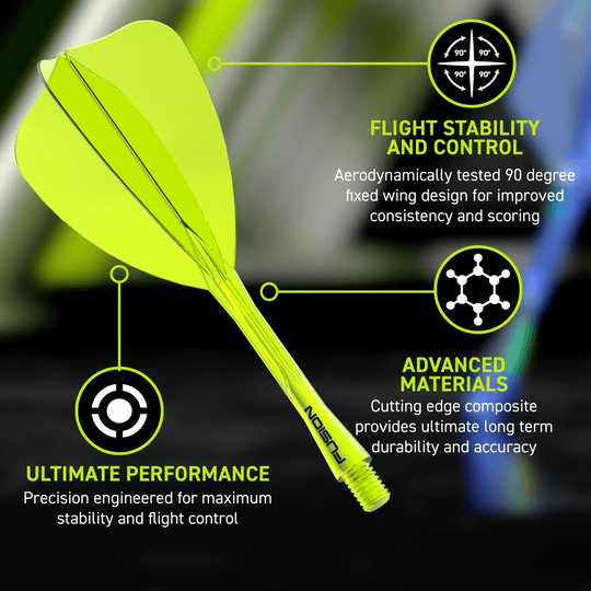 Das Bild zeigt das Winmau Fusion Flight-Shaft-System Arrow Neon Yellow. Es handelt sich um einen neon-gelben Flight-Shaft für Darts.