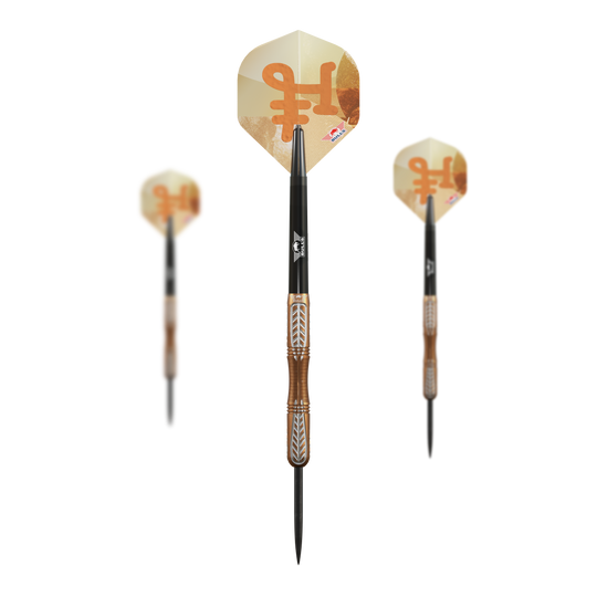 Auf dem Bild sind die Bulls NL Bronzo True Steeldarts - 23g als Set zu sehen. Das Set enthält mehrere Darts für das Spiel.