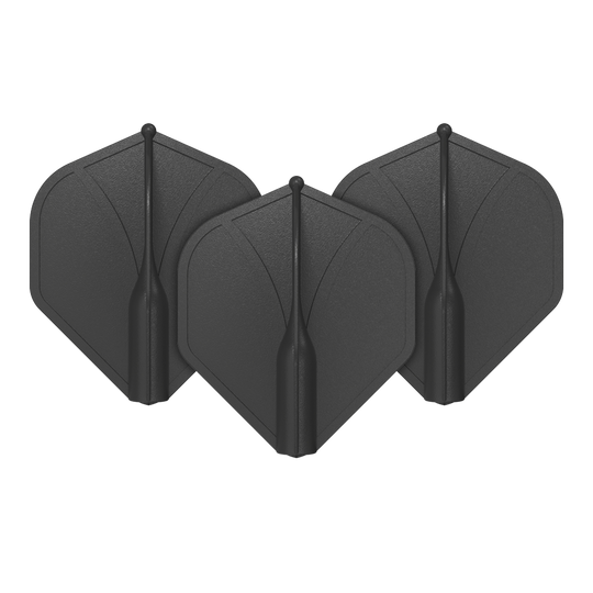 Auf dem Bild sind drei schwarze Dart-Flights zu sehen. Sie stehen aufrecht nebeneinander und haben eine standardmäßige, geformte Flügelform.