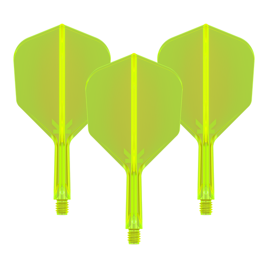Letový systém Target K-Flex No6 - neonově žlutý Das Bild zeigt drei neongelbe Dartflights mit integrierten Schäften. Sie sind nebeneinander angeordnet und auf schwarzem Hintergrund zu sehen.