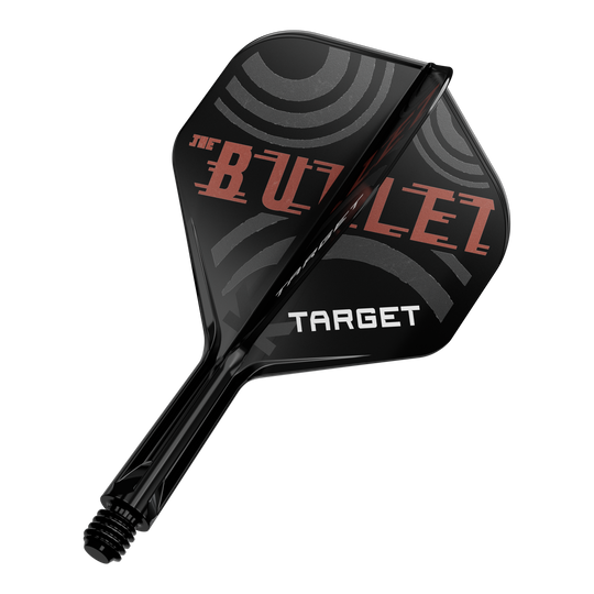 Systém standardní letky Target K-Flex Stephen Bunting No2 Das Bild zeigt einen schwarzen Dartpfeil mit der Aufschrift „THE BULLET“ und „TARGET“ auf den Flügeln. Die Flügel haben ein modernes, kreisförmiges Design in Grau und Rot.
