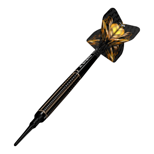 Das Bild zeigt einen Mission Scorpion Softdart mit einem Gewicht von 19 Gramm. Der Dartpfeil ist schwarz-gold gestaltet und hat ein auffälliges Flight-Design.