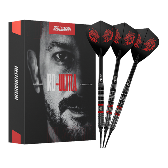 Šipky Red Dragon Jonny Clayton RD-ULTRA měkké - 18g Zu sehen sind die Red Dragon Jonny Clayton RD-ULTRA Softdarts - 18g in voller Ansicht. Die Darts haben eine silberne Barrel, schwarze Details und leuchtende Flights.