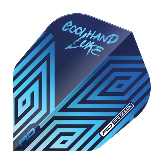 Das Bild zeigt ein Dart-Flight mit dem Aufdruck "Coolhand Luke" in blauer Schrift. Das Design ist überwiegend blau mit geometrischen Mustern und dem Schriftzug "RD Pro Design".