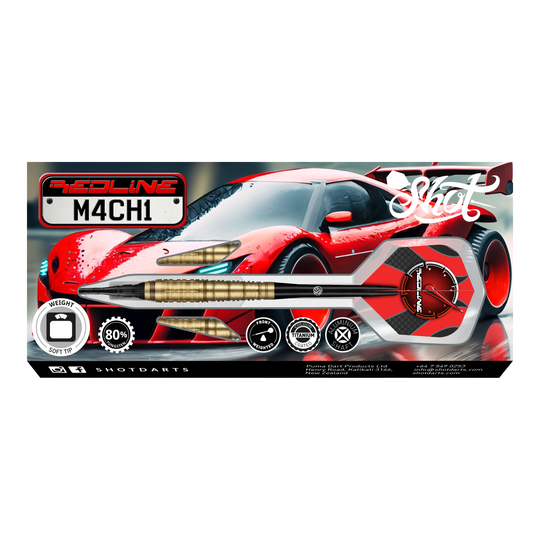 Měkké šipky Shot Redline Mach 1 - 20g Das Bild zeigt die Verpackung der "Shot Redline Mach 1 Softdarts - 20g". Auf der Packung ist ein roter Sportwagen zusammen mit einem abgebildeten Softdart-Pfeil zu sehen.