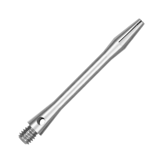 519_Aluminium_Shafts_Silber_46mm_2 Das Bild zeigt einen Aluminium-Schaft in silberner Farbe. Der Schaft hat ein Gewinde an einem Ende und ist schlank und glatt verarbeitet.