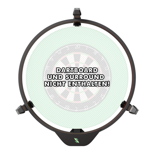 Das Bild zeigt das Scolia Home 2 Electronic Score System mit einem Beleuchtungsring. In der Mitte steht: "Dartboard und Surround nicht enthalten!"