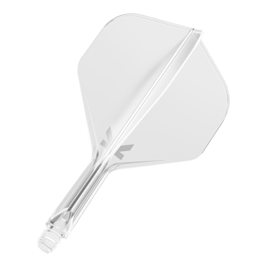 Standardní letový systém Target K-Flex No2 - čirý Das Bild zeigt einen durchsichtigen Dartflug mit integriertem Schaft. Das Design ist schlicht und klar, mit einem kleinen grauen Logo am Schaftansatz.