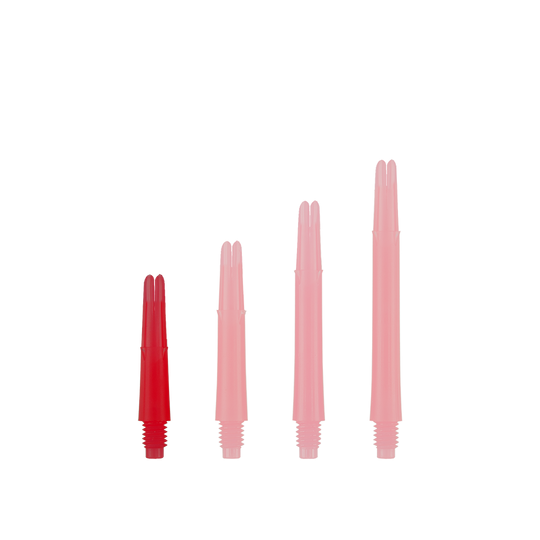 Das Bild zeigt vier rote, gerade Dartschäfte in unterschiedlicher Länge. Sie stehen aufrecht nebeneinander und haben ein Schraubgewinde am unteren Ende.