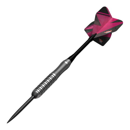 Ocelové šipky Bulls NL Lightning Pink Das Bild zeigt einen Steeldartpfeil mit silbernem Griff und einer pink-schwarzen Flights. Es handelt sich um das Produkt "Bulls NL Lightning Pink Steeldarts".