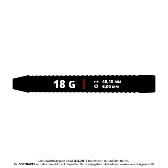 Abgebildet sind die McDart Shark 3 Steeldart-Barrels mit einem Gewicht von 18g. Diese Steeldart-Barrels haben eine markante Grip-Struktur und eignen sich für das Dartspiel mit Stahlspitzen.