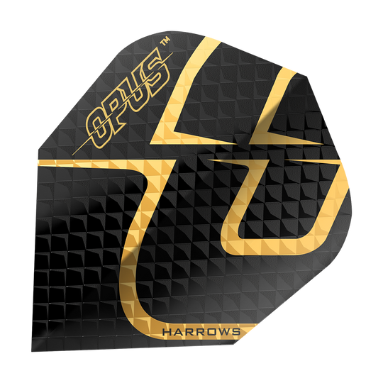 Das Bild zeigt das Produkt "Harrows Opus Version 2 Flights". Die Darts-Flight ist schwarz mit einem goldenen Muster und dem Schriftzug "OPUS" und "HARROWS".