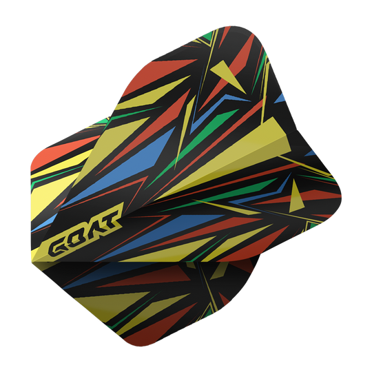 Das Bild zeigt das Produkt "GOAT Athlete Yellow No2 Standard Flights". Das Flight hat ein farbenfrohes, geometrisches Muster in Gelb, Rot, Blau und Grün auf schwarzem Hintergrund.