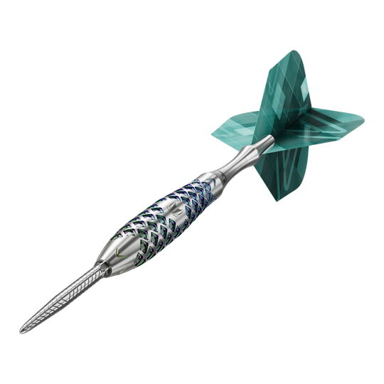 Ocelové šipky Target Rove 02 Swiss Point Das Bild zeigt einen Target Rove 02 Swiss Point Steeldart. Der Dartpfeil hat ein silbernes, strukturiertes Barrel und grüne Flights.