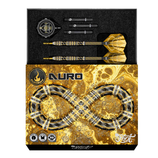 Shot Alchemy Auro Steeldarts Hier sieht man die Shot Alchemy Auro Steeldarts. Die Steeldarts werden detailliert und aus einer besonderen Perspektive dargestellt.