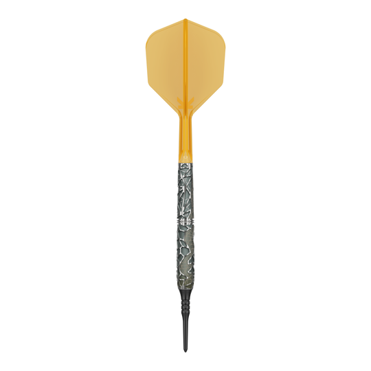 Das Bild zeigt einen Softdartpfeil mit einer auffälligen, orangefarbenen Flights. Der Schaft hat ein einzigartiges, silbernes Muster und die Spitze ist schwarz.