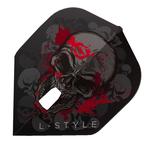 Das Bild zeigt ein schwarzes Dartflight mit einem großen Totenkopf-Design und roten Blutspritzern. Unten steht der Schriftzug "L-STYLE".