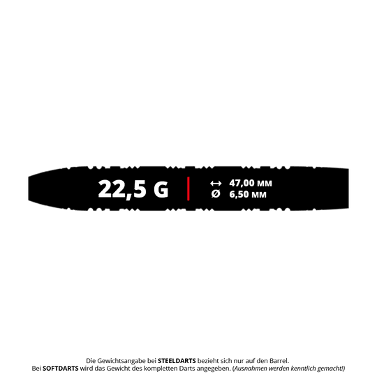 Das Bild zeigt die Caliburn Halo H1 Steeldarts mit einem Gewicht von 22,5 g. Die Steeldarts sind aus Metall gefertigt und für Dartspieler geeignet.