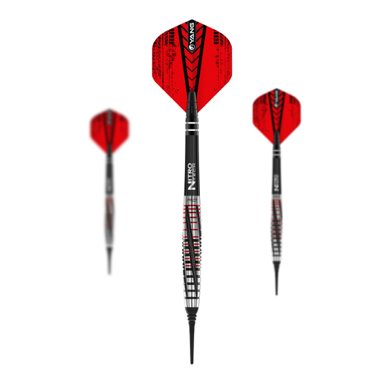 Měkké šipky Red Dragon Rifle - 20g Das Bild zeigt drei Softdarts des Modells „Red Dragon Rifle Softdarts - 20g“. Die Darts haben schwarze und rote Flights mit silber-schwarzem Schaft und Spitze.