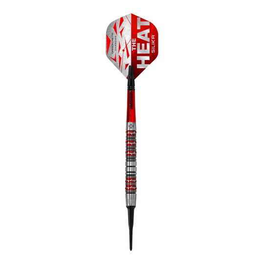 Měkké šipky Harrow's Damon Heta Series 3 Das Bild zeigt einen Harrows Damon Heta Series 3 Softdart. Der Dart ist silber, rot und schwarz gestaltet und trägt den Aufdruck "The Heat" auf dem Flight.