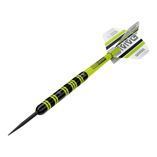 Ocelové šipky Winmau Michael Van Gerwen 85 Pro-Series Das Bild zeigt einen Winmau Michael Van Gerwen 85 Pro-Series Steeldart. Der Dart hat ein auffälliges Design mit schwarzen und leuchtend grünen Akzenten sowie einem MVG-Logo auf den Flights.